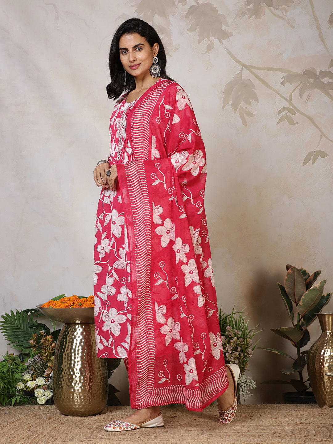 Printed Cotton Blend Kurta With Pants & Dupatta