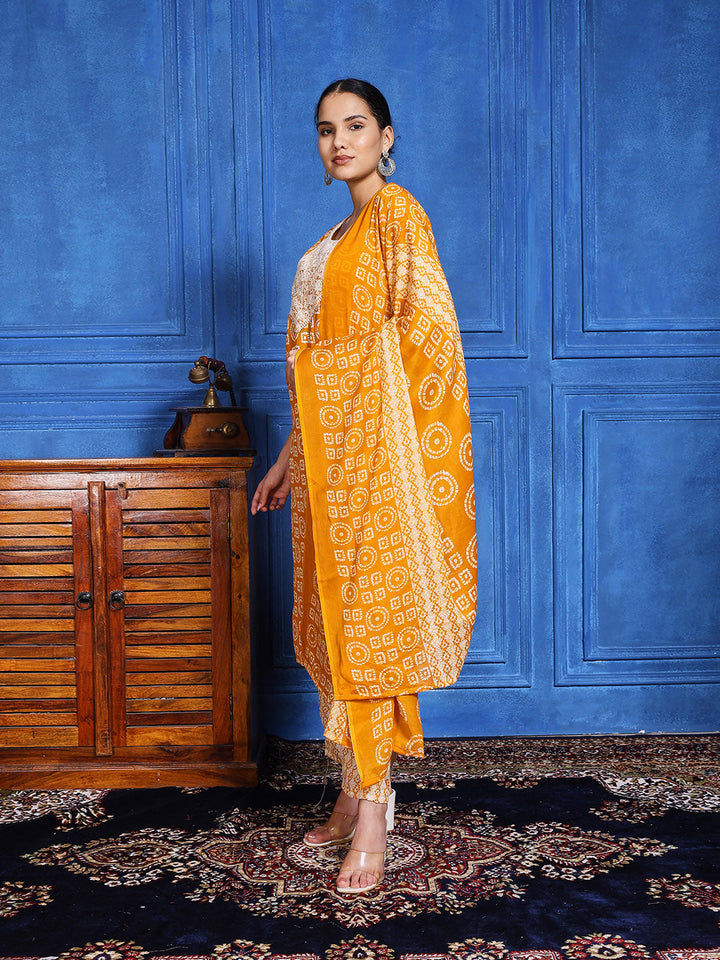 Printed Cotton Blend Kurta With Pants &amp; Dupatta