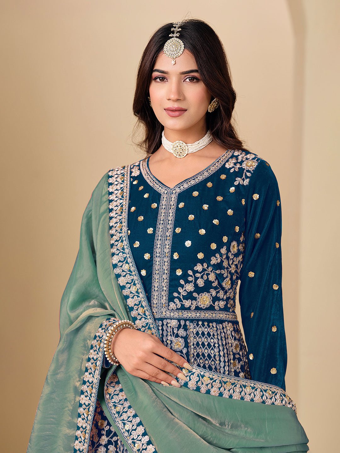 Embroidered Velvet Semi Stitched Kurta With Pant &amp; Dupatta