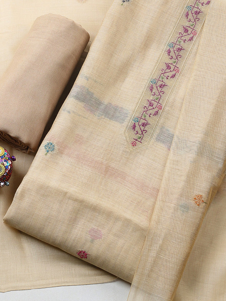 Embroidered Chanderi Unstitched Suit With Pant &amp; Dupatta