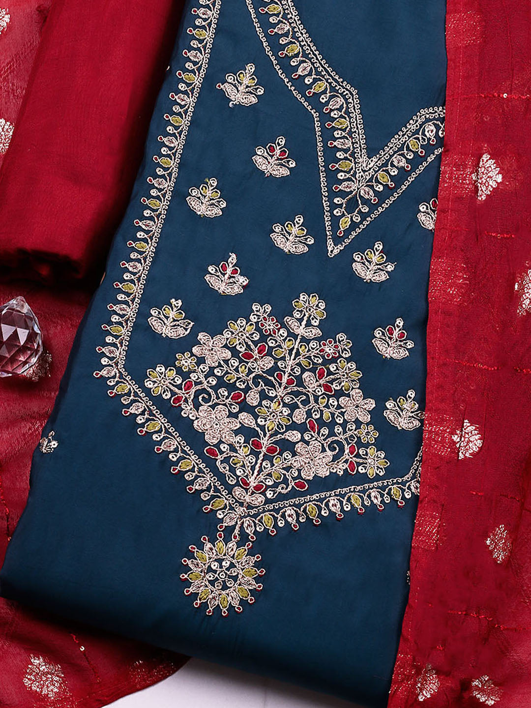 Neck Embroidered Chanderi Unstitched Suit With Dupatta