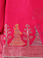 Woven Design Chanderi Rani Unstitched Suit With Pant & Dupatta