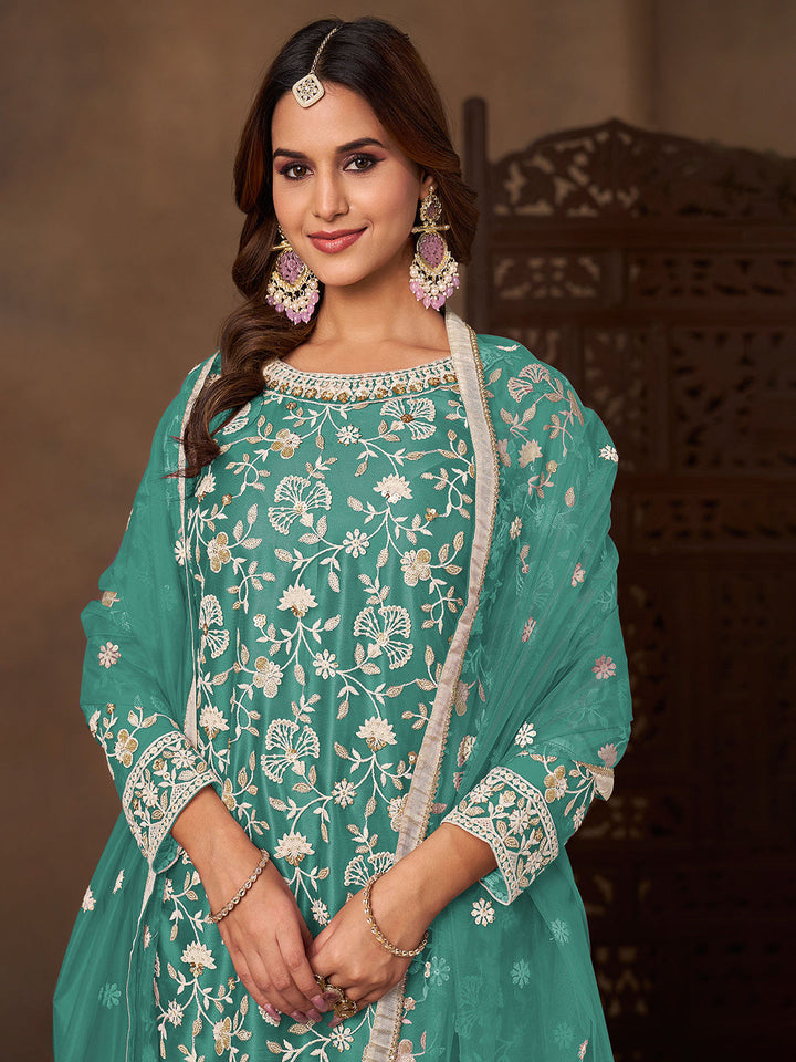Embroidered Net Semi Stitched Kurta With Plazzo &amp; Dupatta