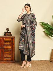 Printed Muslin Black Suit With Pant & Dupatta