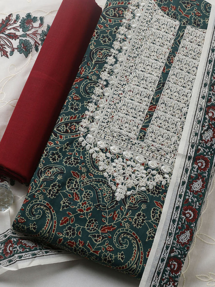 Printed Cotton Blend Unstitched Suit With Pant &amp; Dupatta