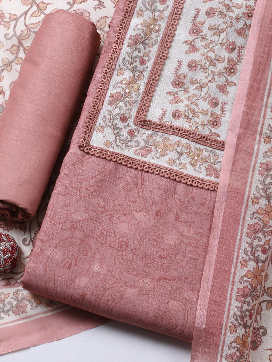 Embroidered Cotton Blend Unstitched Suit With Pant &amp; Dupatta