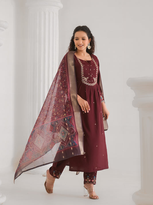 Neck Embroidery Cotton Blend Kurta With Pants & Dupatta