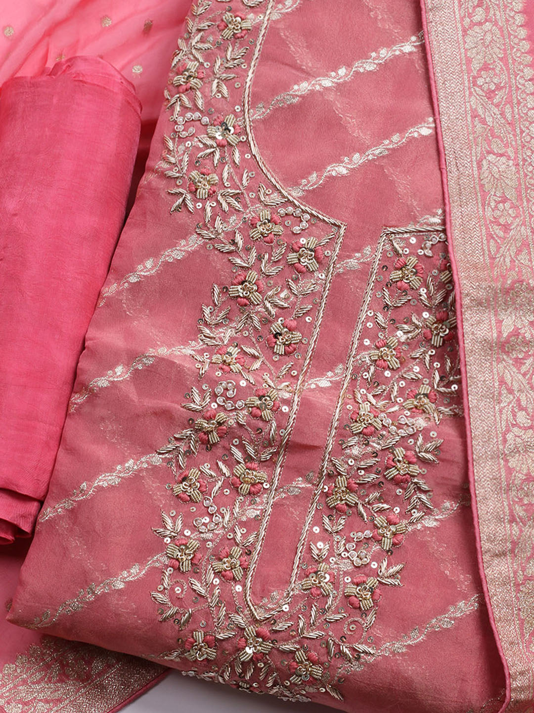 Embroidered Chanderi Unstitched Suit With Dupatta