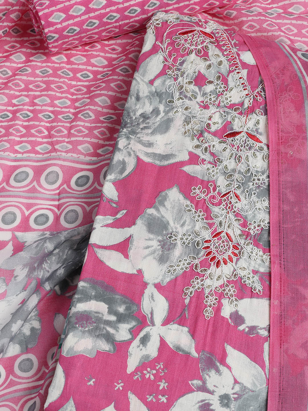 Printed Cotton Blend Unstitched Suit With Dupatta
