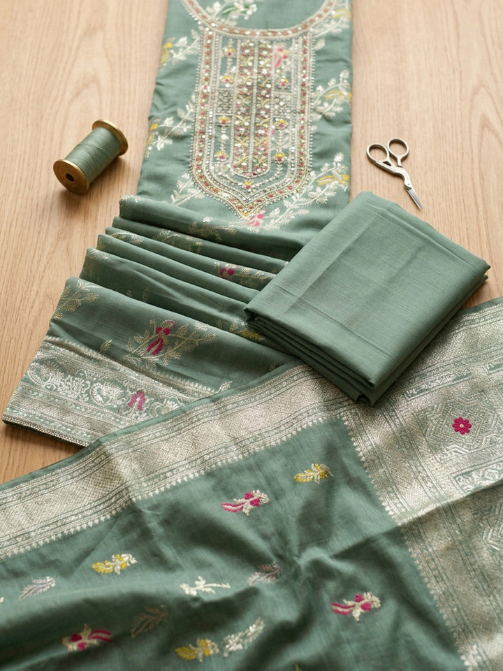 Embroidered Chanderi Unstitched Suit With Pant &amp; Dupatta
