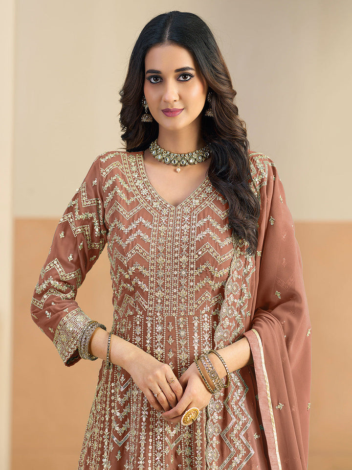 Embroidered Geogrette Semi Stitched Gown With Pant &amp; Dupatta