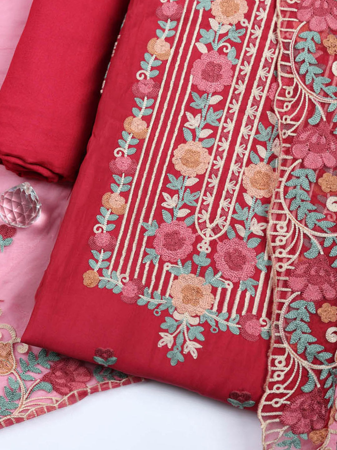 Embroidered Cotton Blend Unstitched Suit With Pant &amp; Dupatta