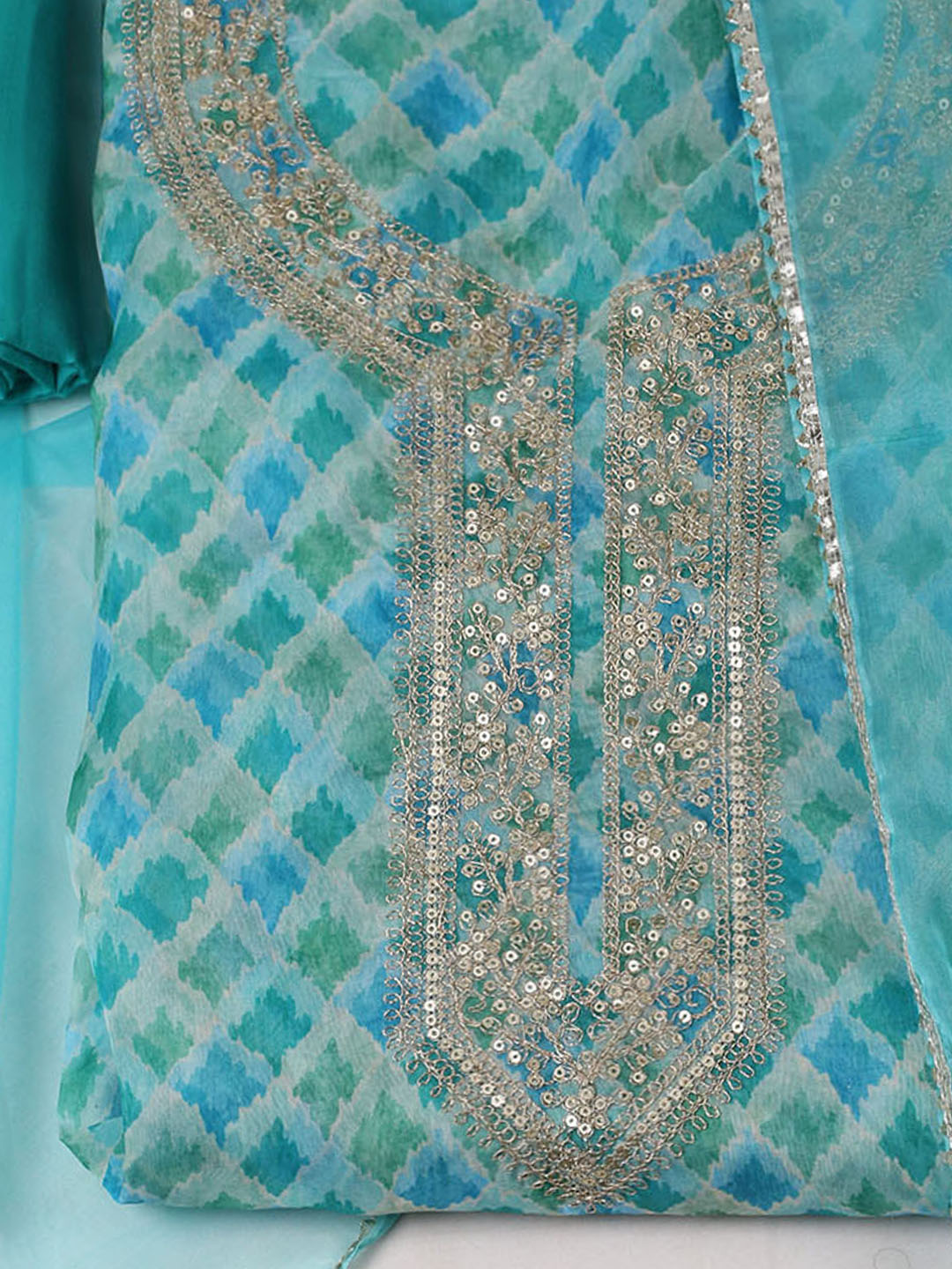 Neck Zari Embroidery Organza Unstitched Suit Piece With Dupatta