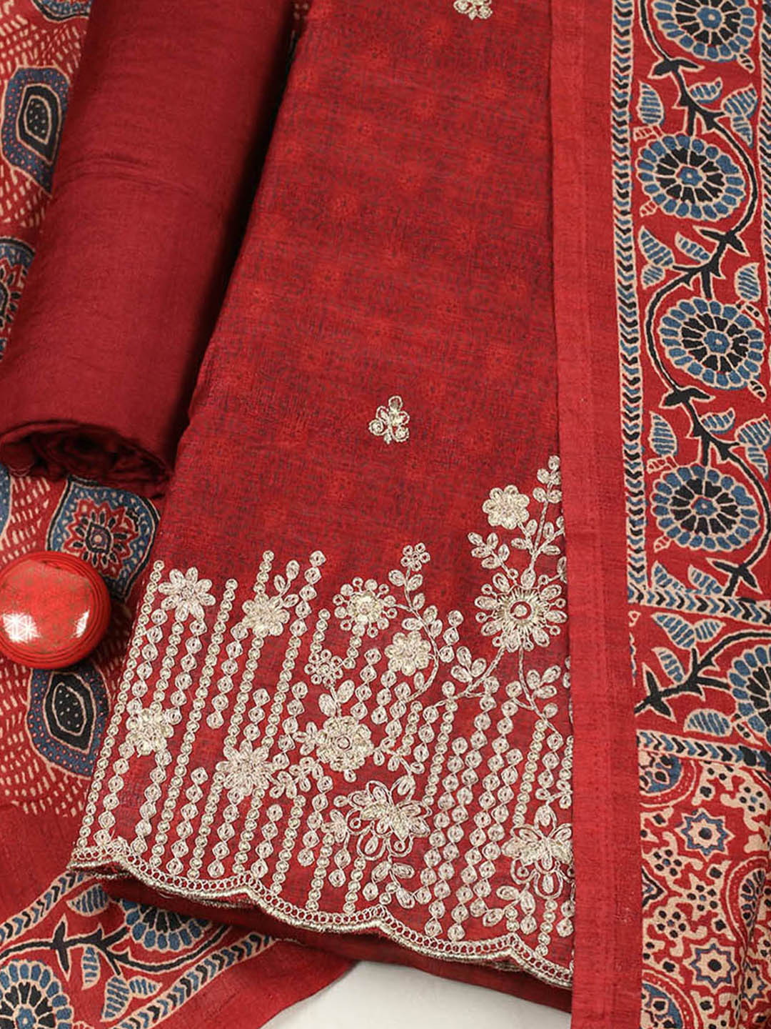Embroidered Tussar Unstitched Suit With Pant &amp; Dupatta