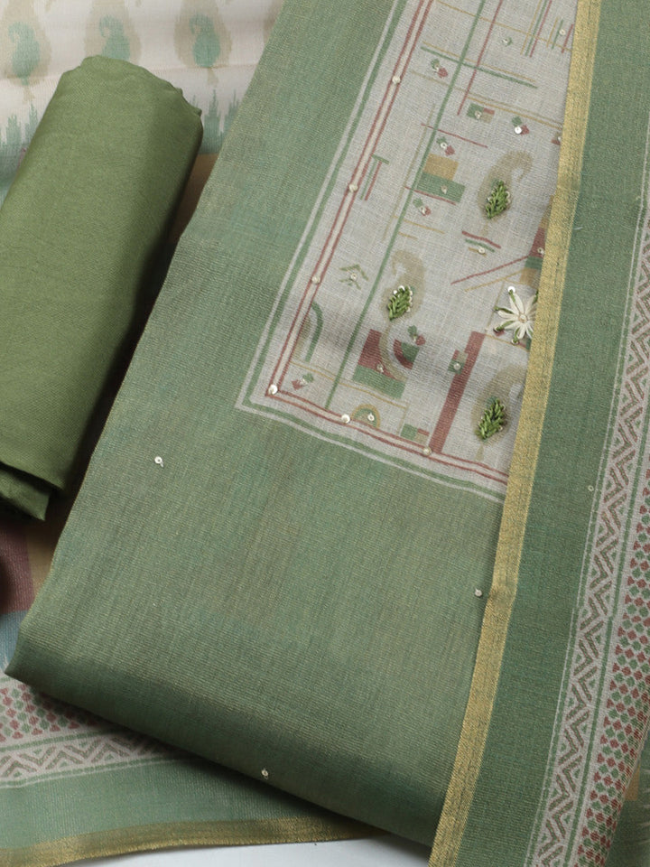 Printed Linen Blend Unstitched Suit With Pant &amp; Dupatta
