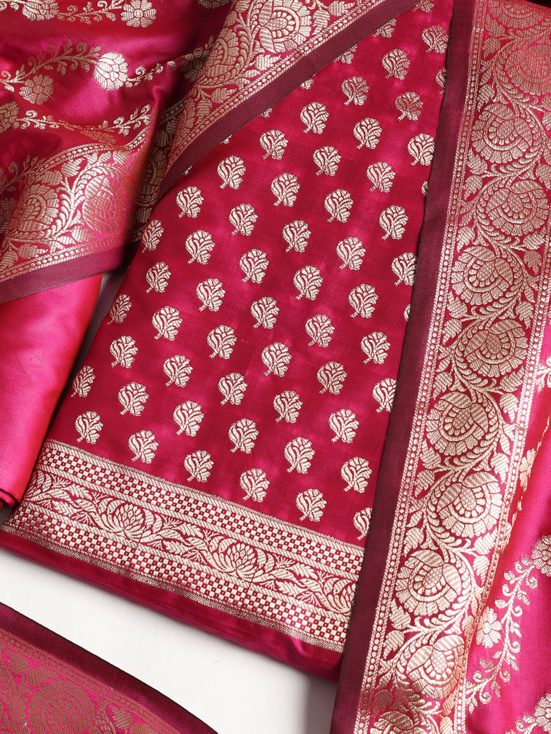 Woven Banarasi Chanderi Unstitched Suit With Dupatta