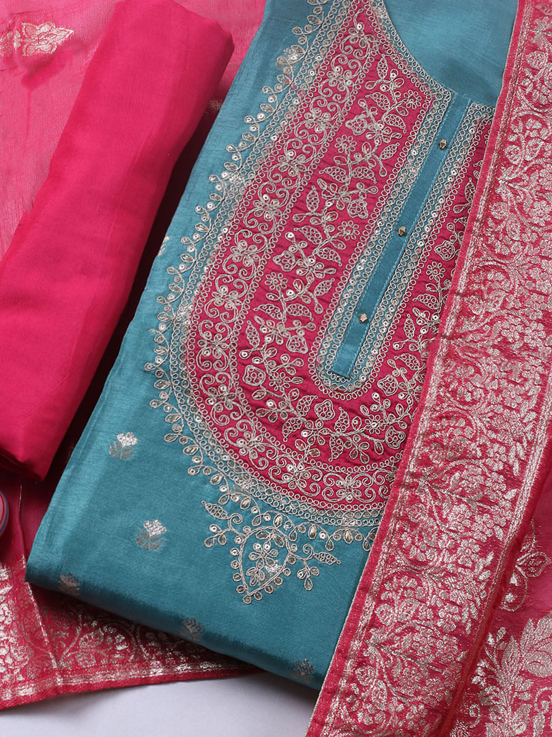 Embroidered Chanderi Unstitched Suit With Pant &amp; Dupatta