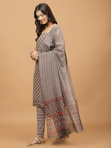 Printed Cotton Blend Unstitched Suit With Dupatta