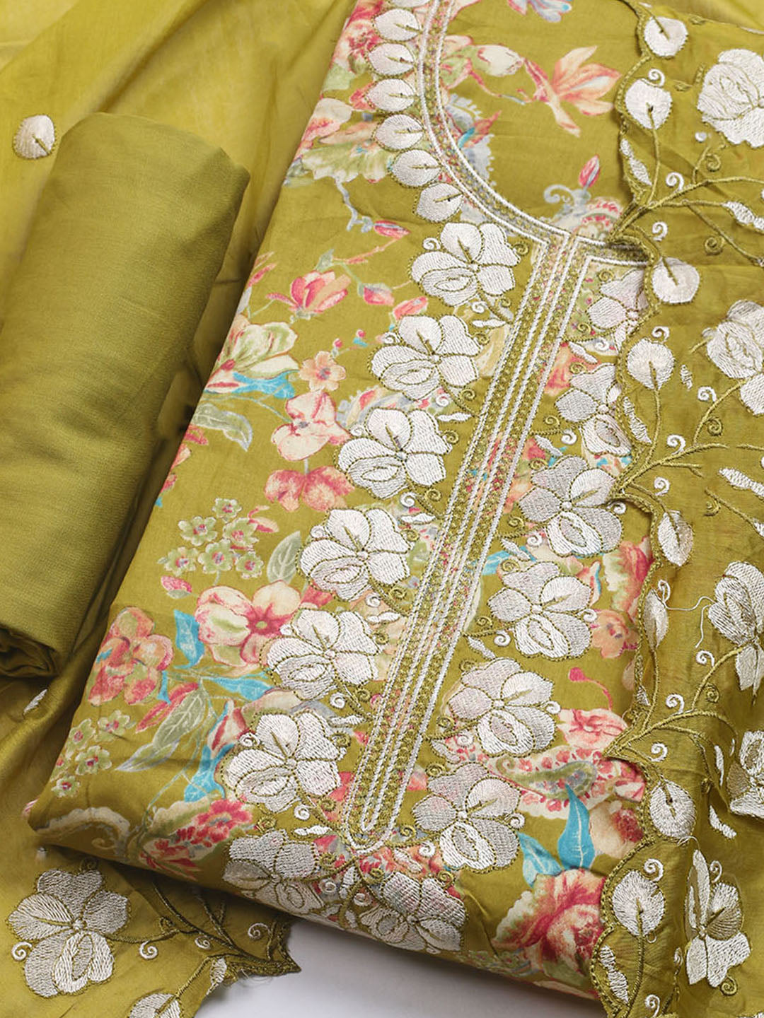 Neck Embroidered Cotton Blend Unstitched Suit With Dupatta
