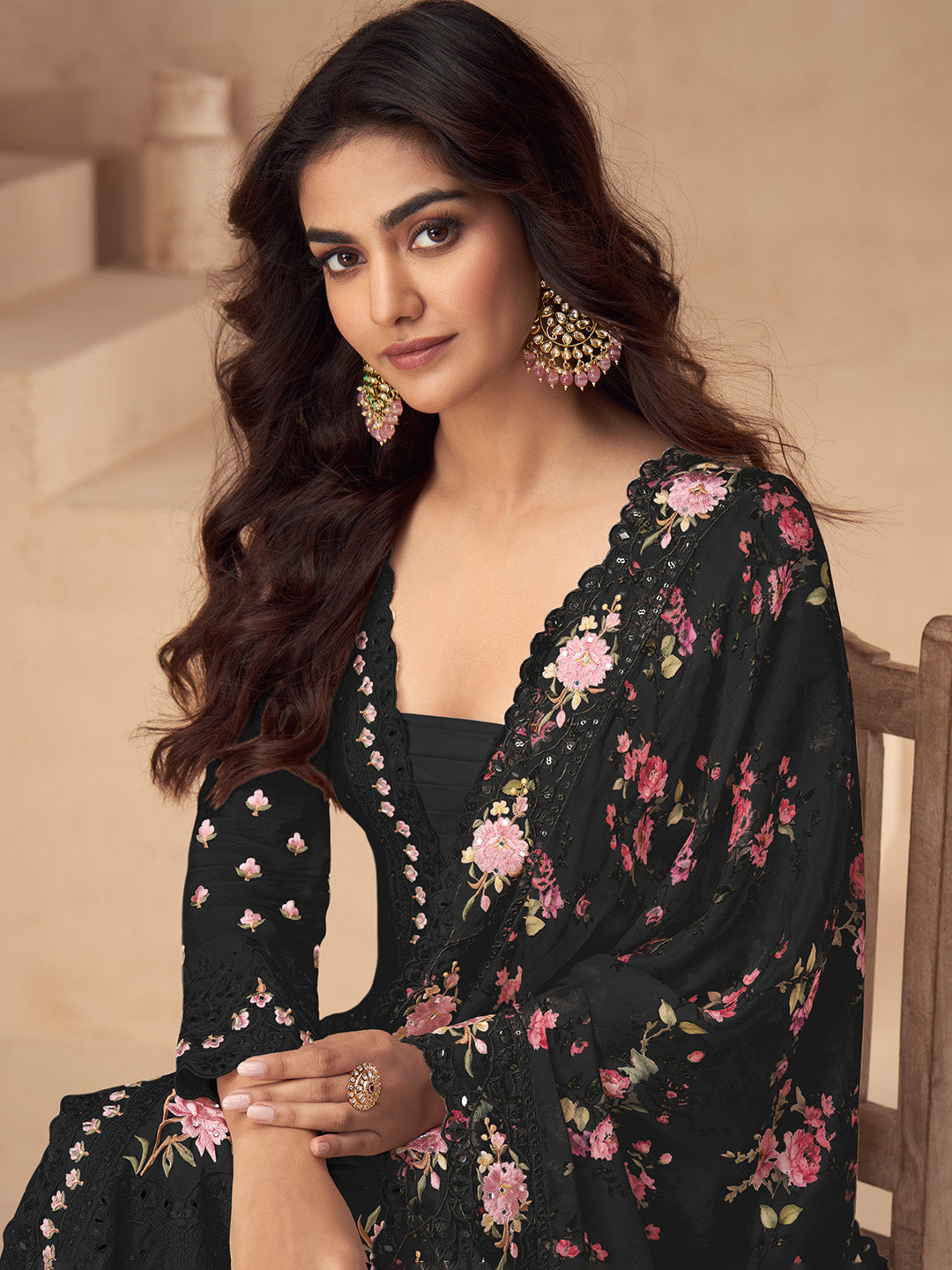 Embroidered Chinon Silk Kurta With Plazzo &amp; Dupatta