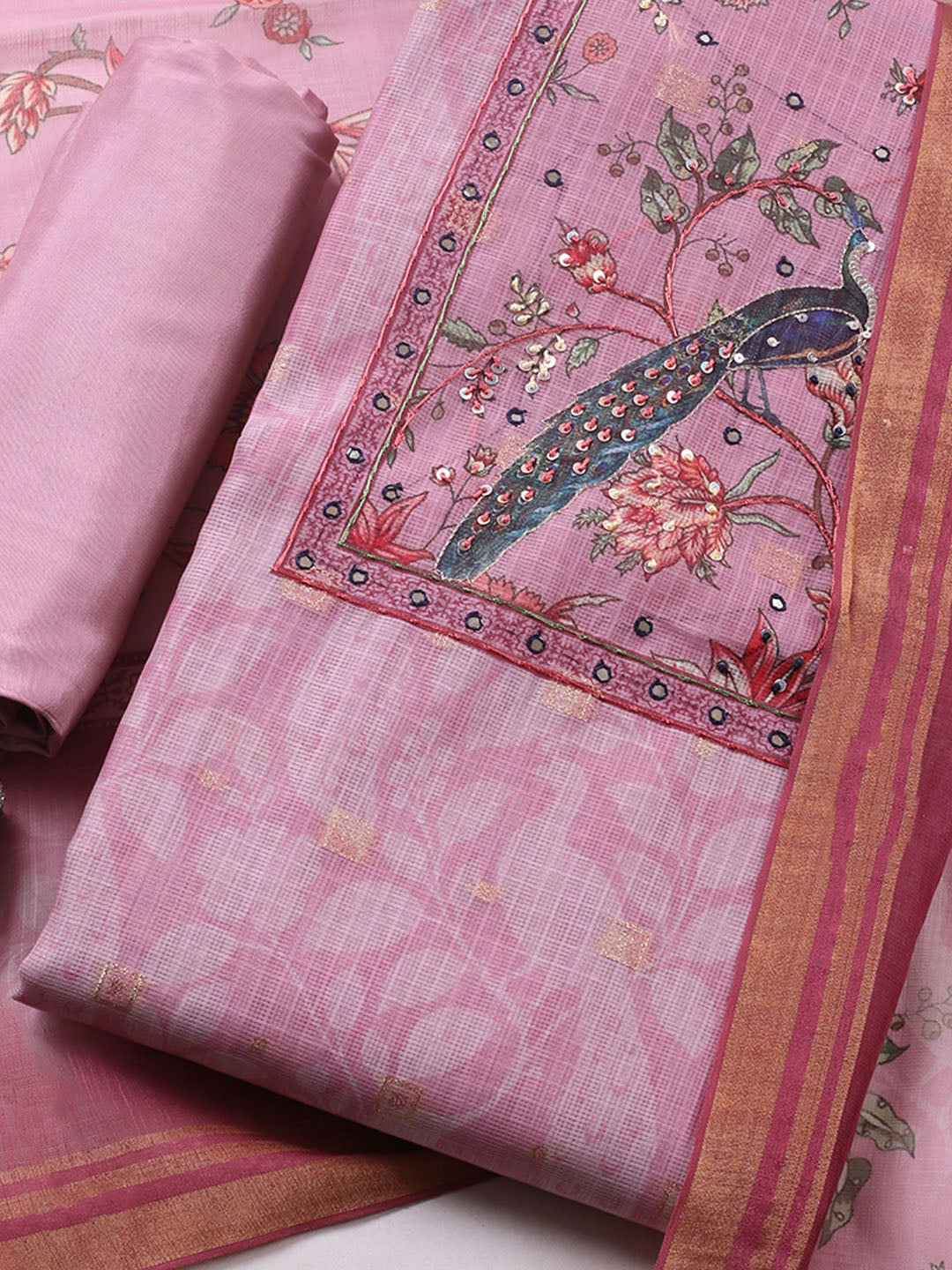 Embroidered Cotton Blend Unstitched Suit With Pant &amp; Dupatta