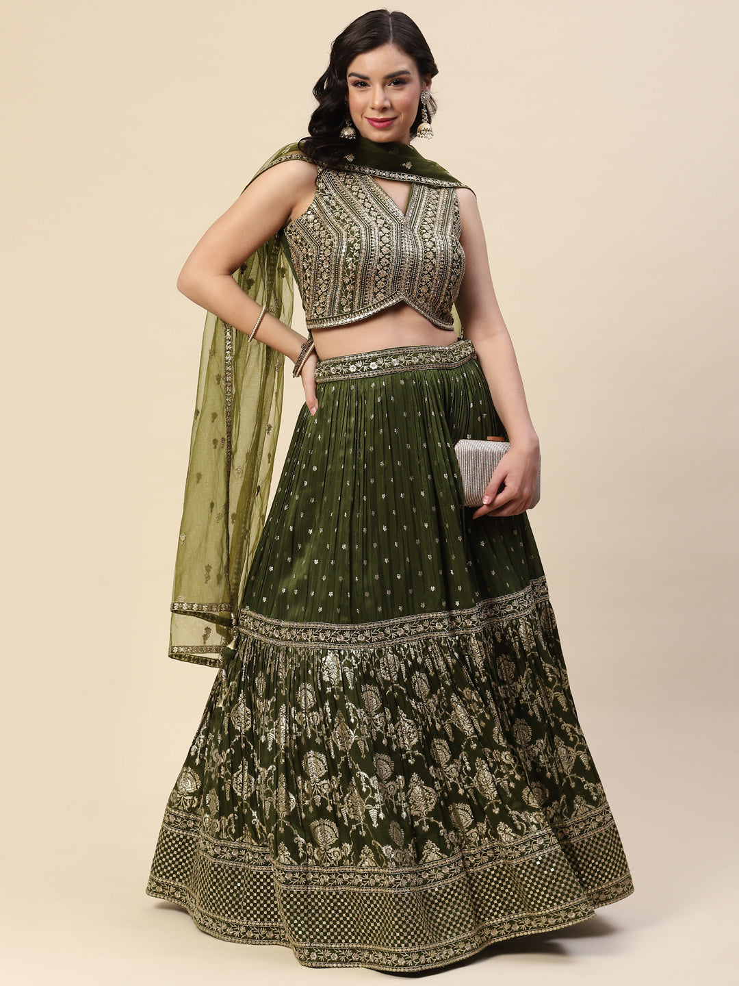 Sequin Embroidered Banarasi Choli With Lehenga &amp; Net Dupatta