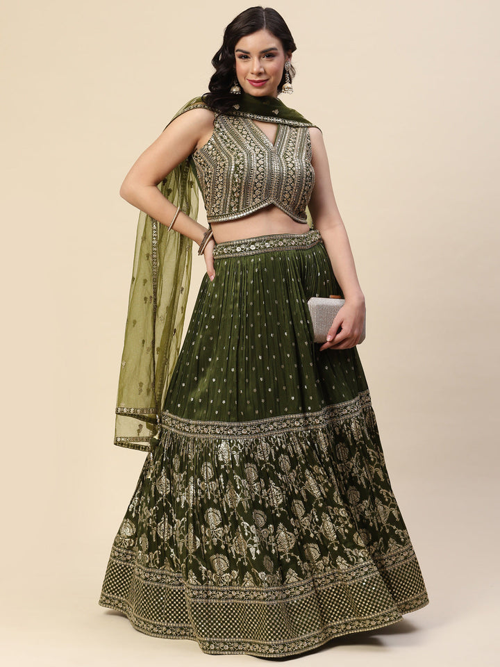 Sequin Embroidered Banarasi Choli With Lehenga &amp; Net Dupatta
