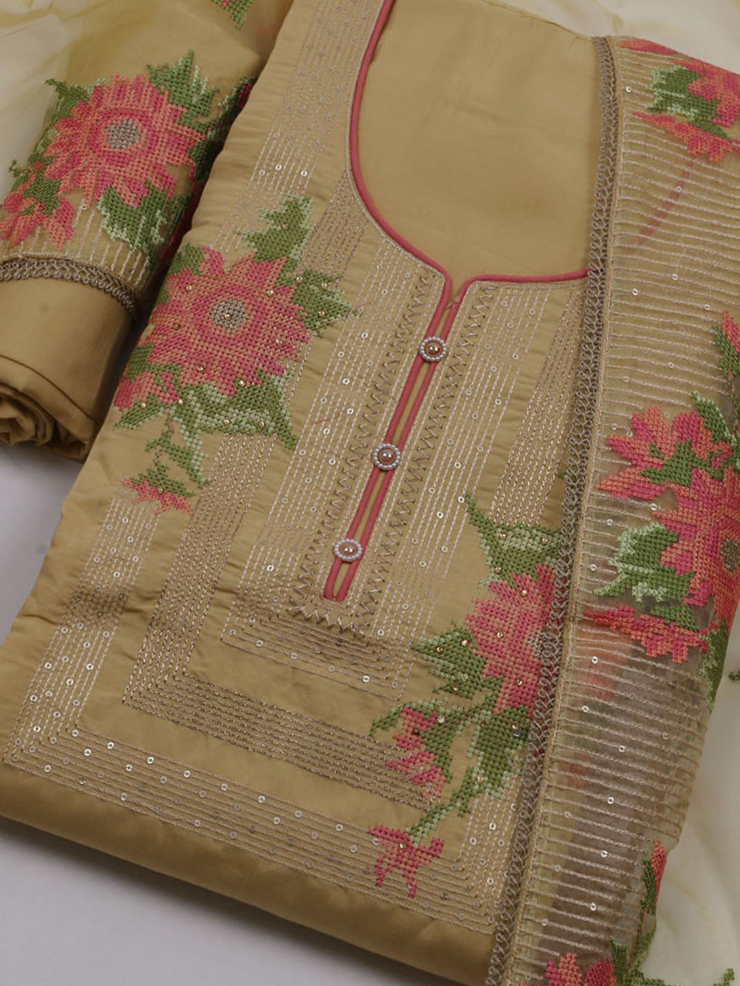Neck Embroidered Chanderi Unstitched Suit With Dupatta