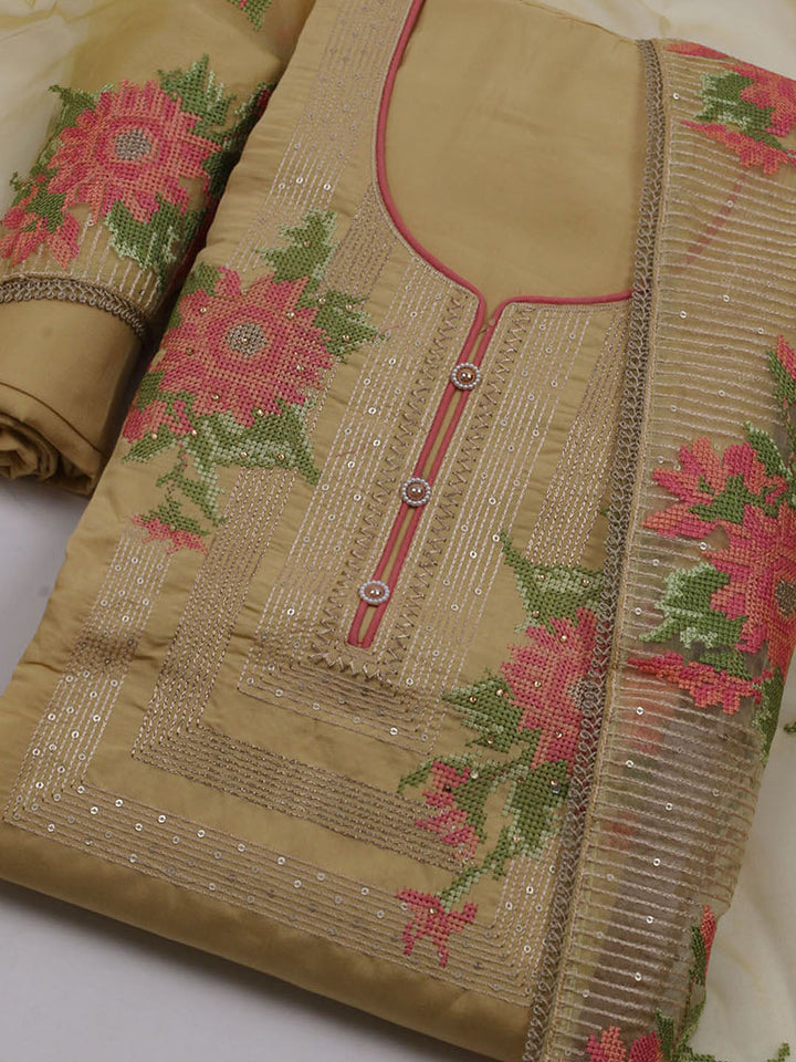 Neck Embroidered Chanderi Unstitched Suit With Dupatta