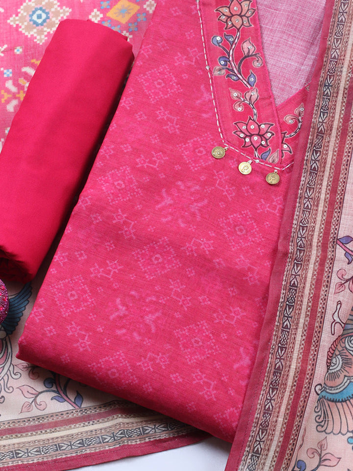 Embroidered Linen Blend Unstitched Suit With Pant &amp; Dupatta