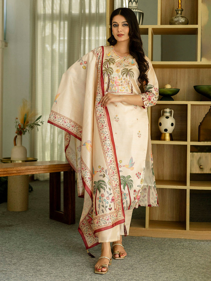 Embroidered Cotton Blend Kurta With Pants &amp; Dupatta