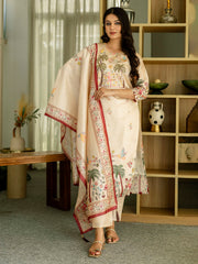 Embroidered Cotton Blend Kurta With Pants & Dupatta