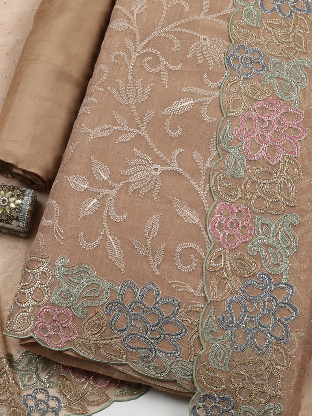 Embroidered Tissue Unstitched Suit With Pant &amp; Dupatta