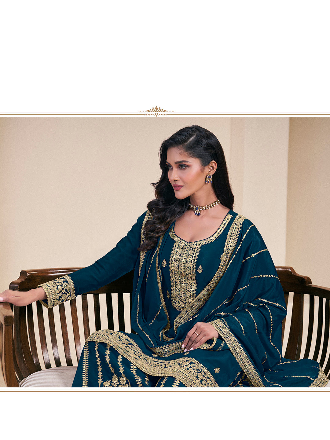 Embroidered Chinon Unstitched Suit With Pant &amp; Dupatta