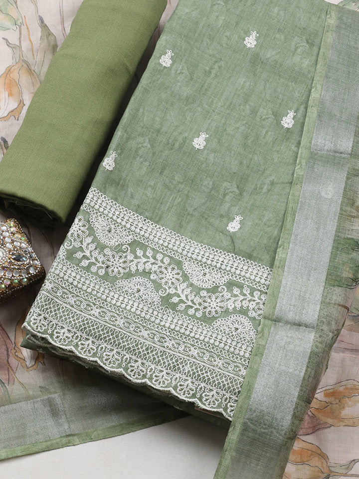 Embroidered Linen Blend Unstitched Suit With Pant &amp; Dupatta