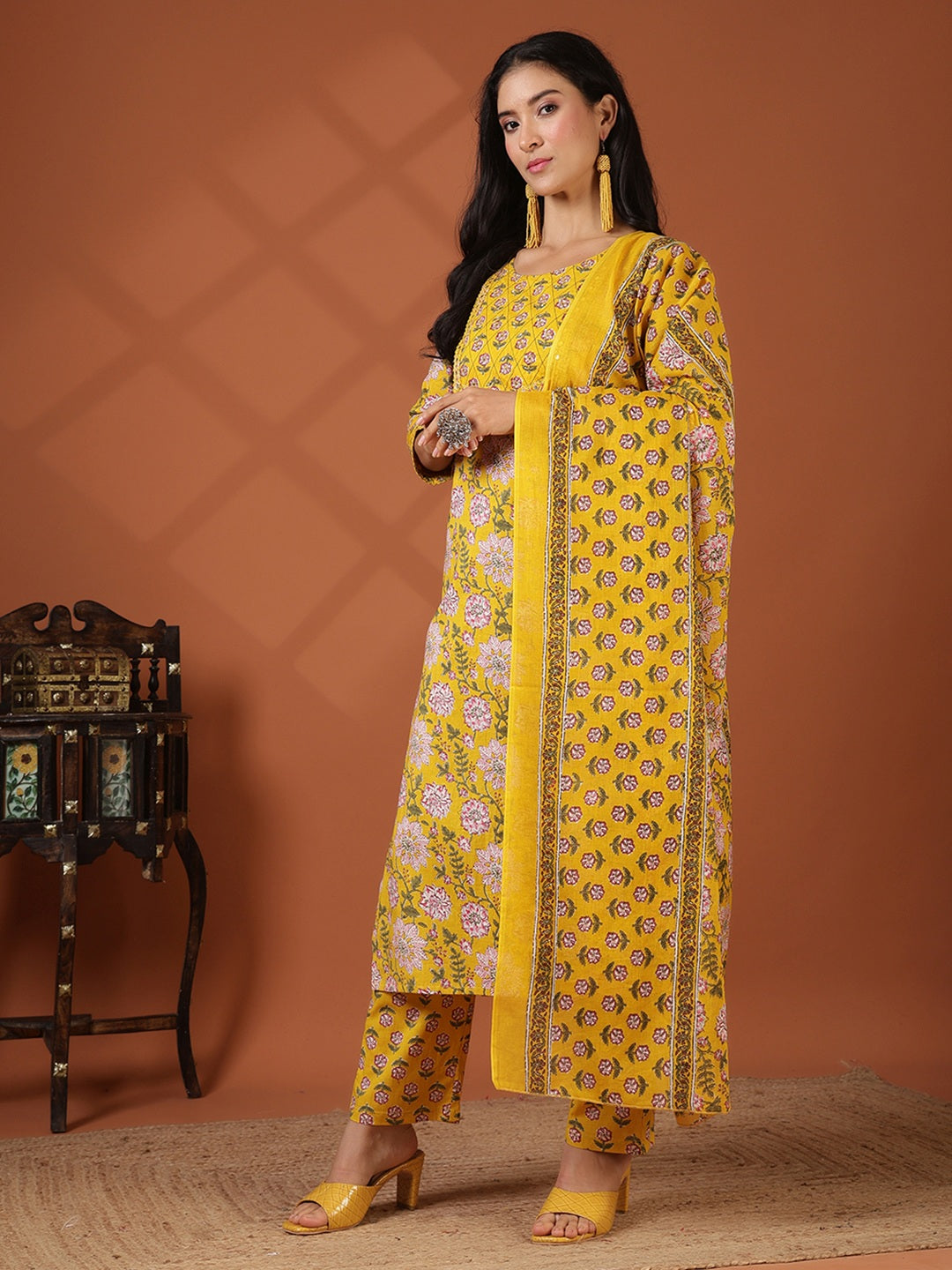 Printed Cotton Blend Kurta With Pant &amp; Dupatta