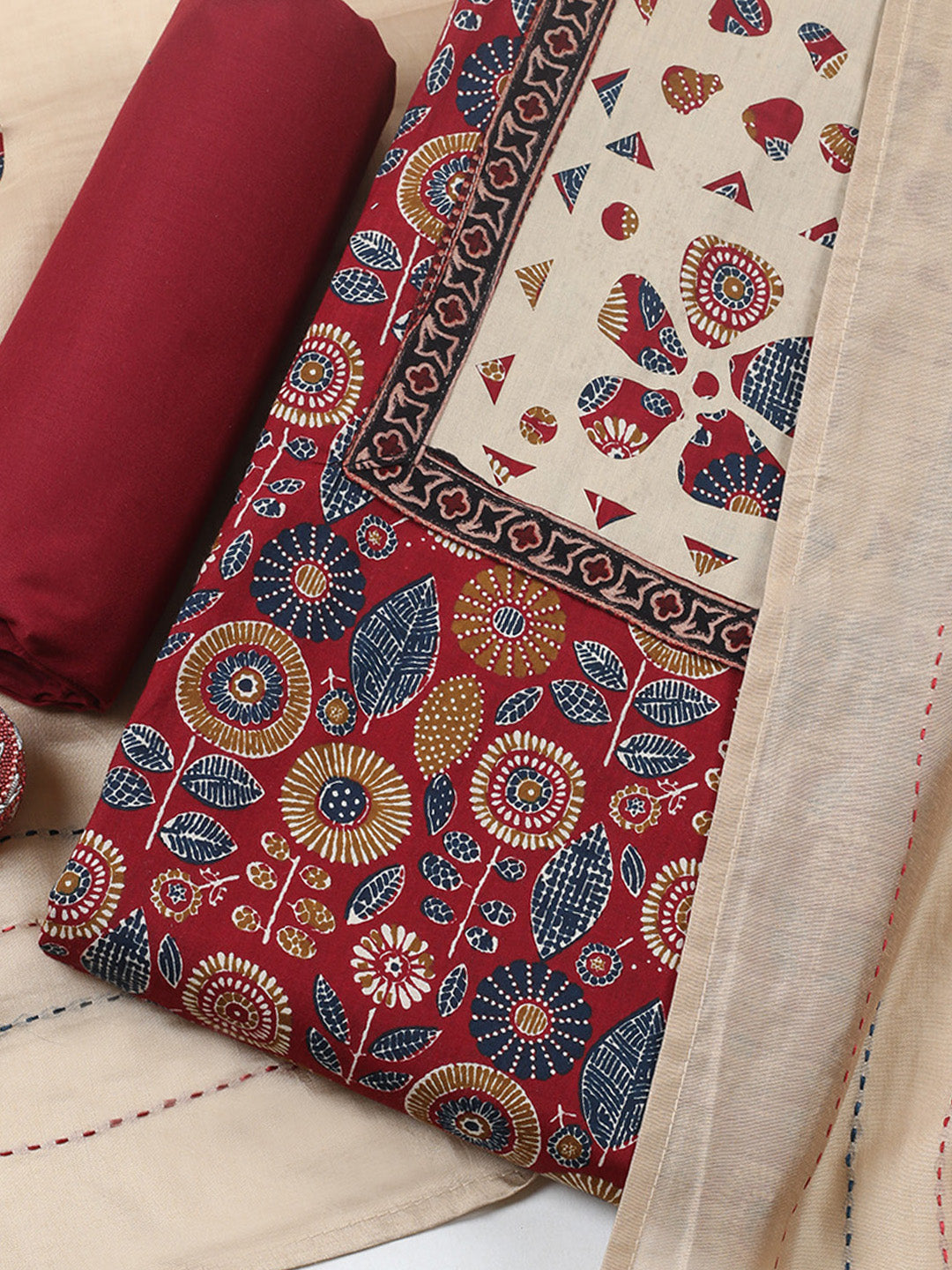 Embroidered, Cotton Blend Unstitched Suit With Pant &amp; Dupatta