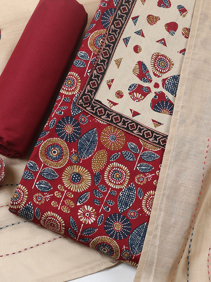 Embroidered, Cotton Blend Unstitched Suit With Pant &amp; Dupatta