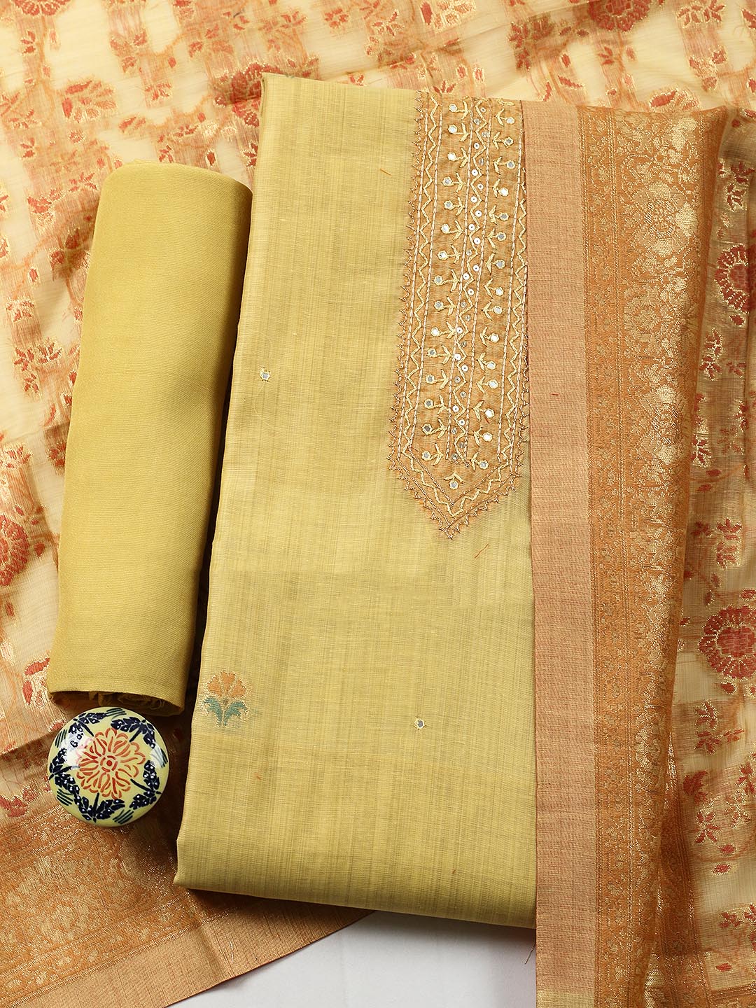 Embroidered Chanderi Unstitched Suit With Pant &amp; Dupatta
