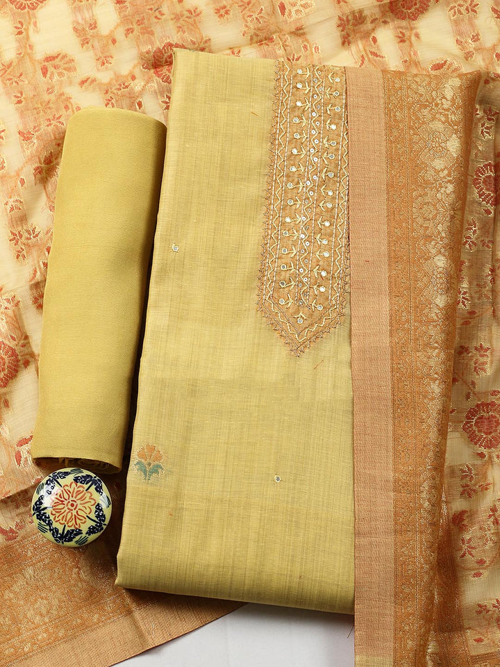 Embroidered Chanderi Unstitched Suit With Pant &amp; Dupatta