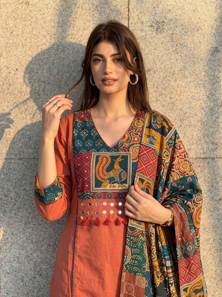 Rust Printed Cotton Blend Kurta With Pant &amp; Dupatta