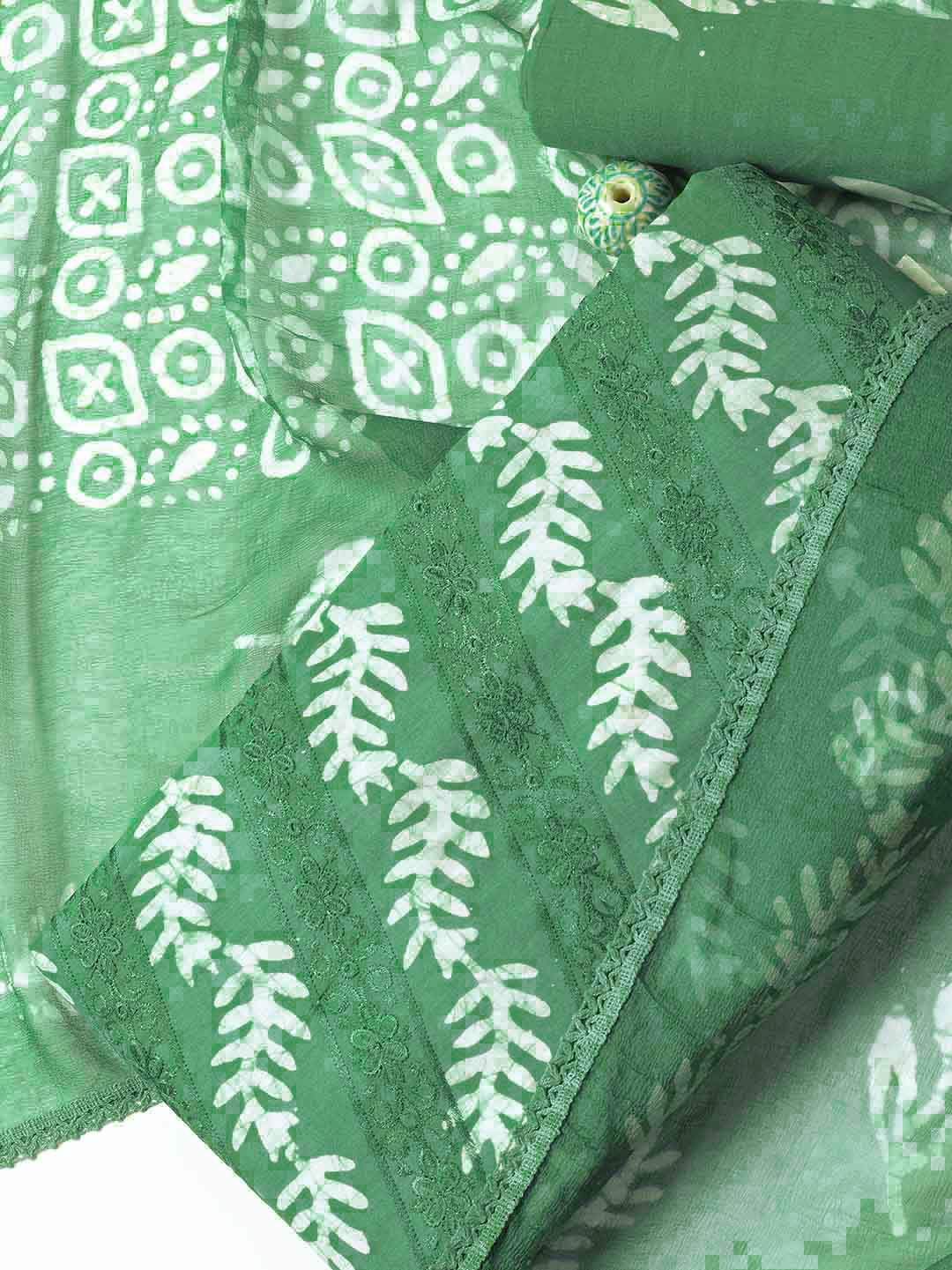 Green Printed Cotton Blend Unstitched Dress Material