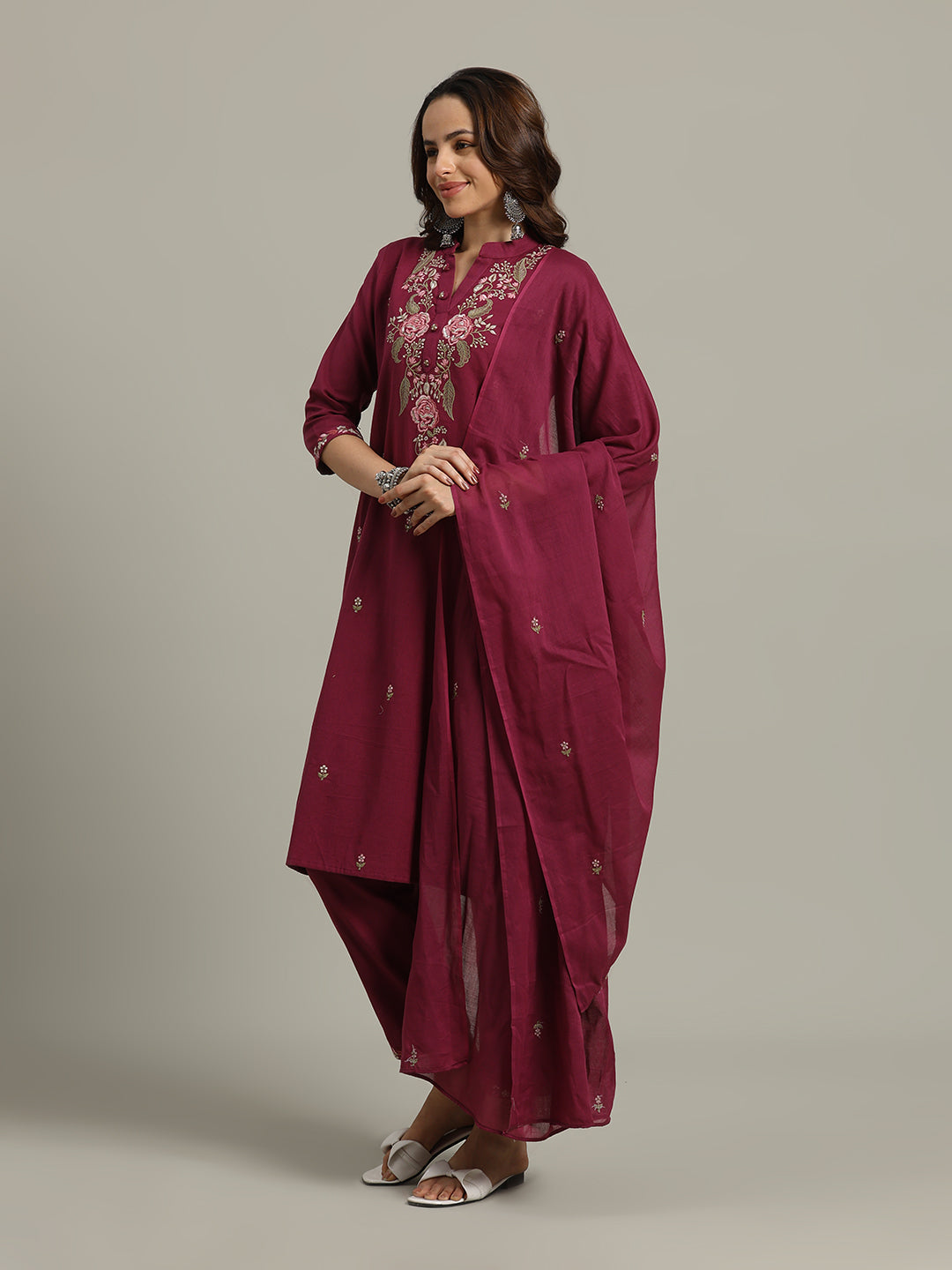 Resham Embroidered Cotton Kurta With Pants &amp; Dupatta