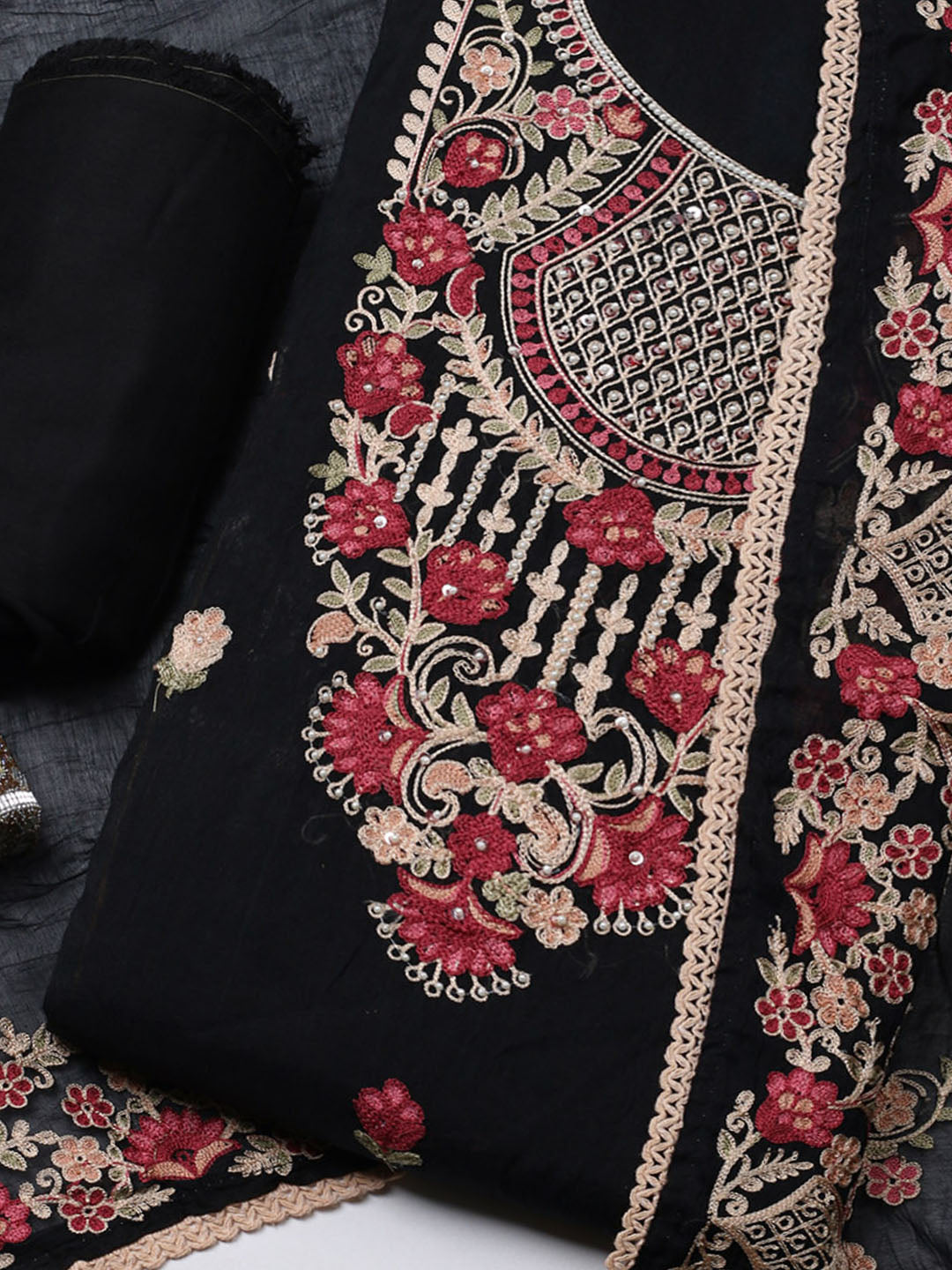 Embroidered Cotton Blend Unstitched Suit With Pant &amp; Dupatta