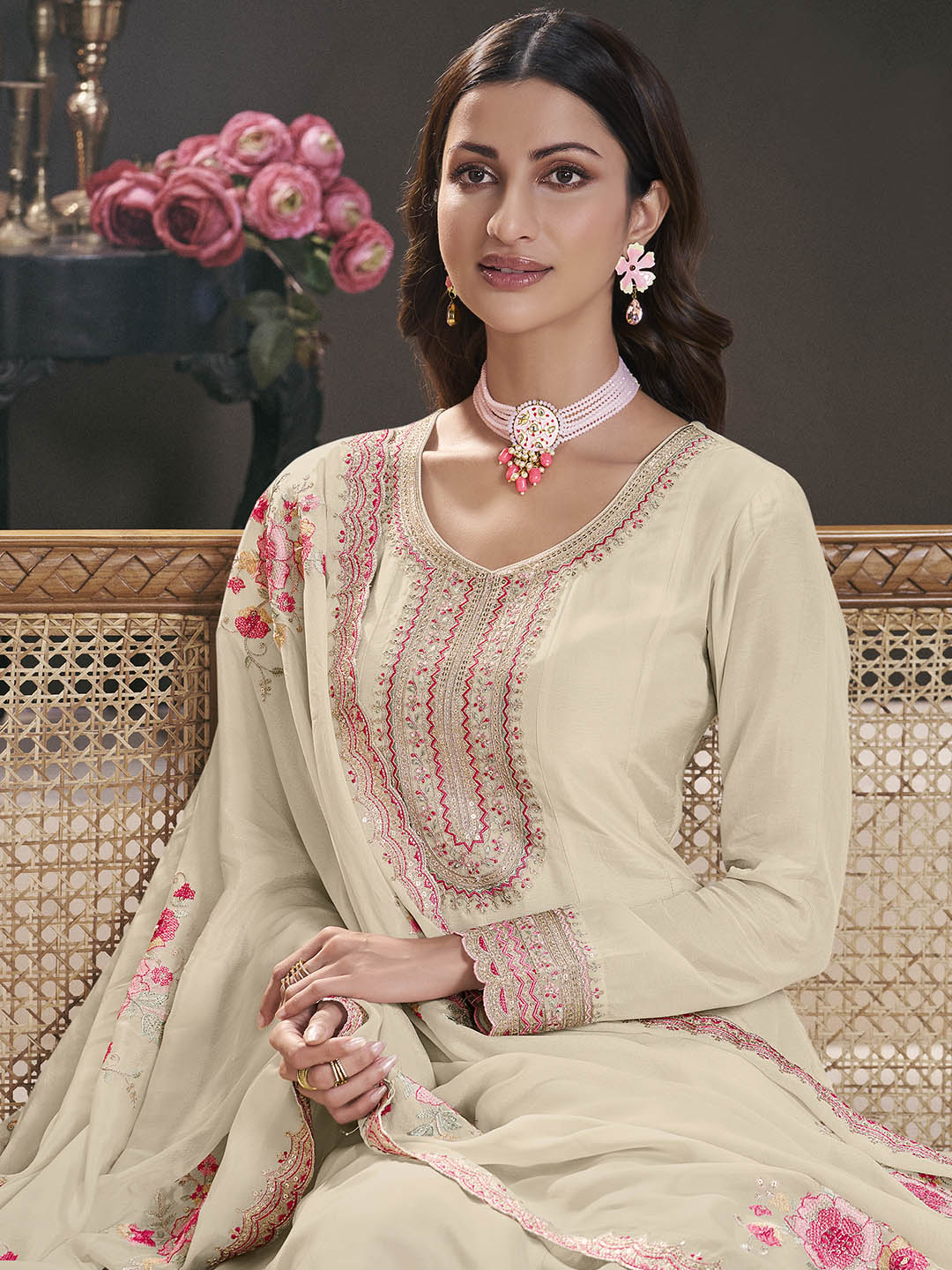 Embroidered Art Silk Unstitched Suit With Pant &amp; Dupatta