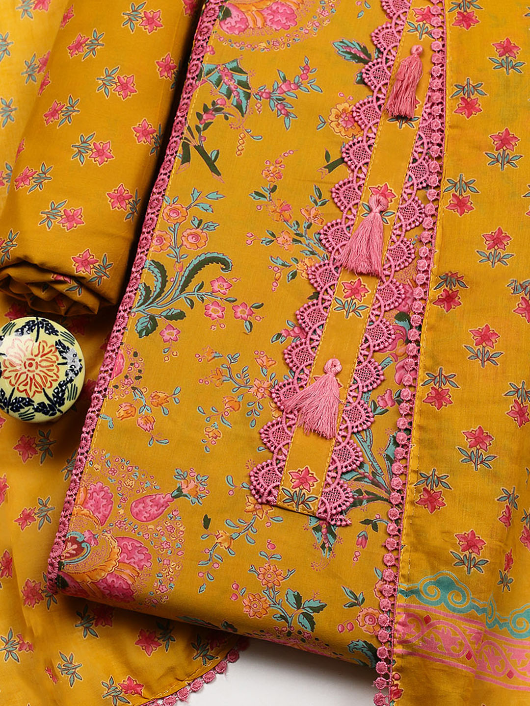 Embroidered Cotton Blend Unstitched Suit With Pant &amp; Dupatta