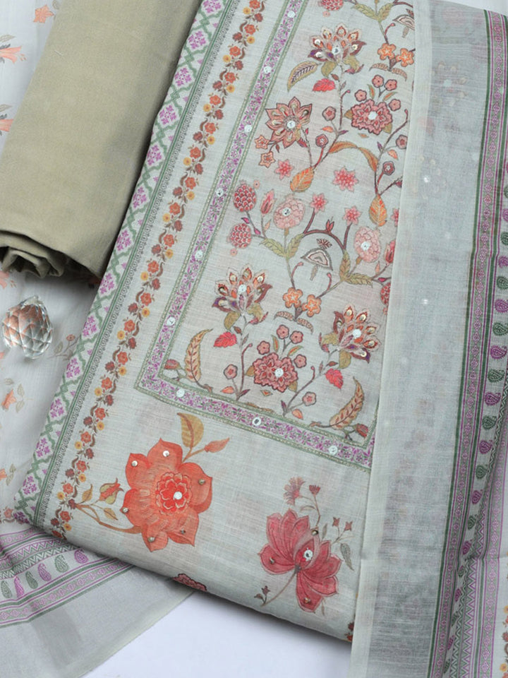 Printed Linen Blend Unstitched Suit With Pant &amp; Dupatta