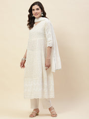 Resham Embroidery Cotton Kurta With Pants & Dupatta