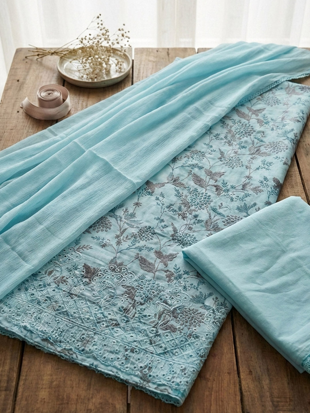 Embroidered Cotton Blend Unstitched Suit With Pant &amp; Dupatta