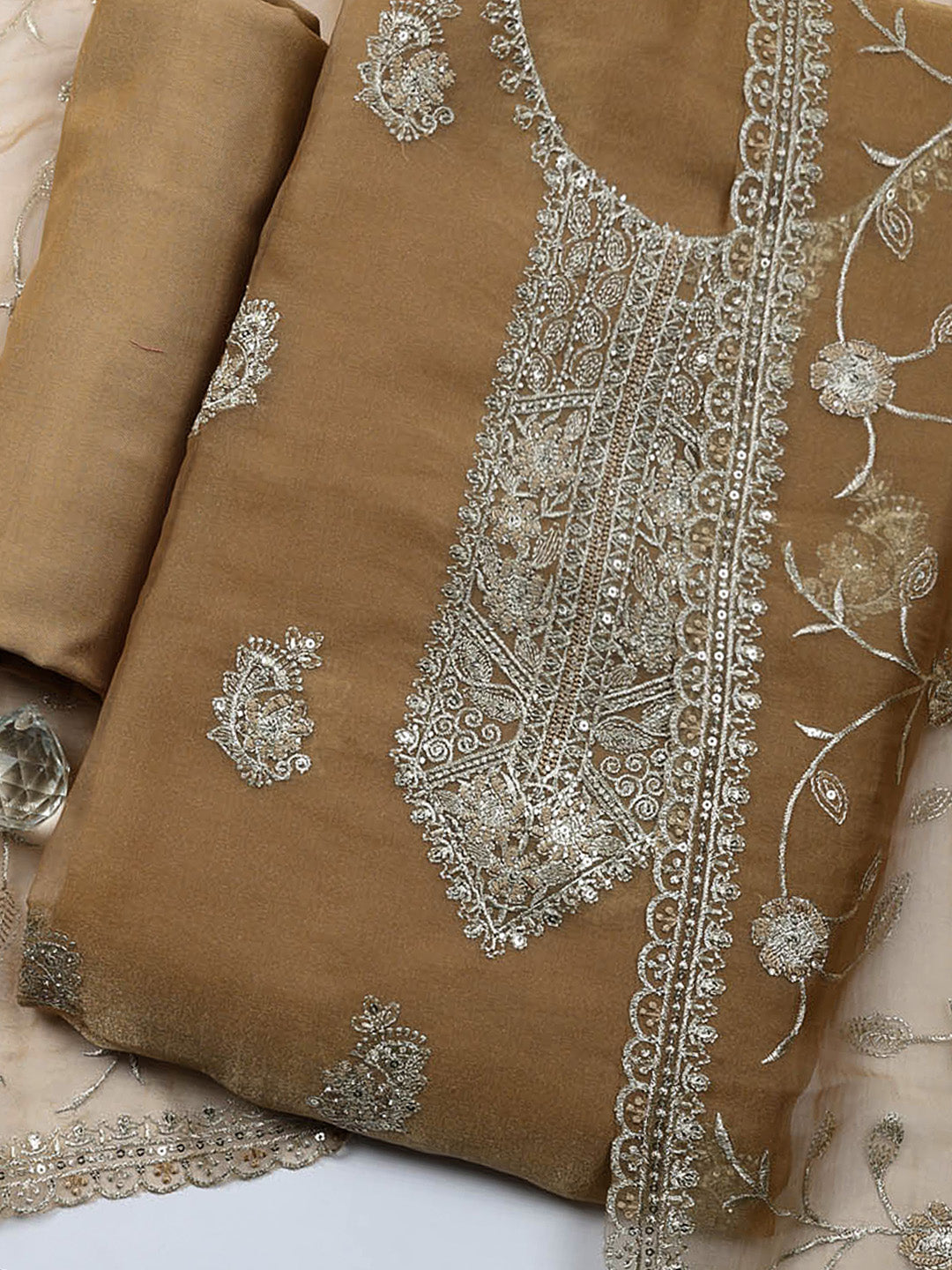 Embroidered Tissue Unstitched Suit With Pant &amp; Dupatta